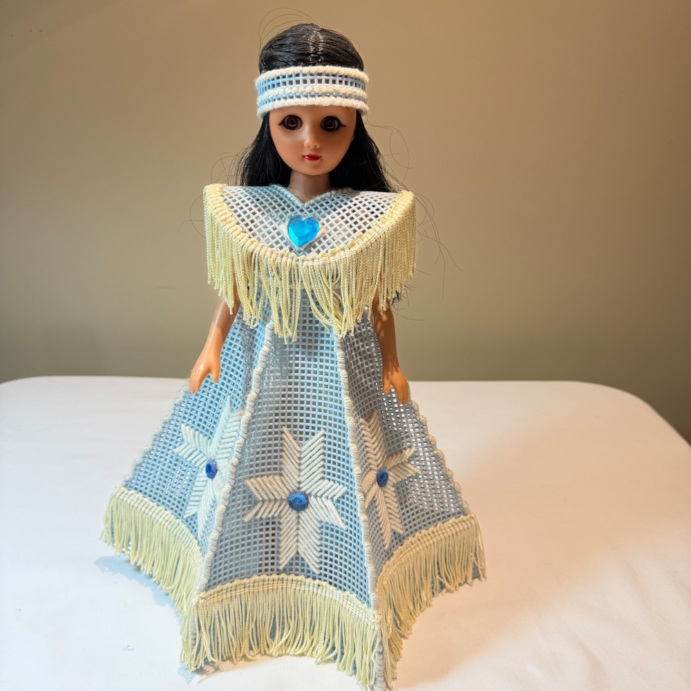 Vintage Handmade Native American Style Doll Blue Fringe Dress 12in